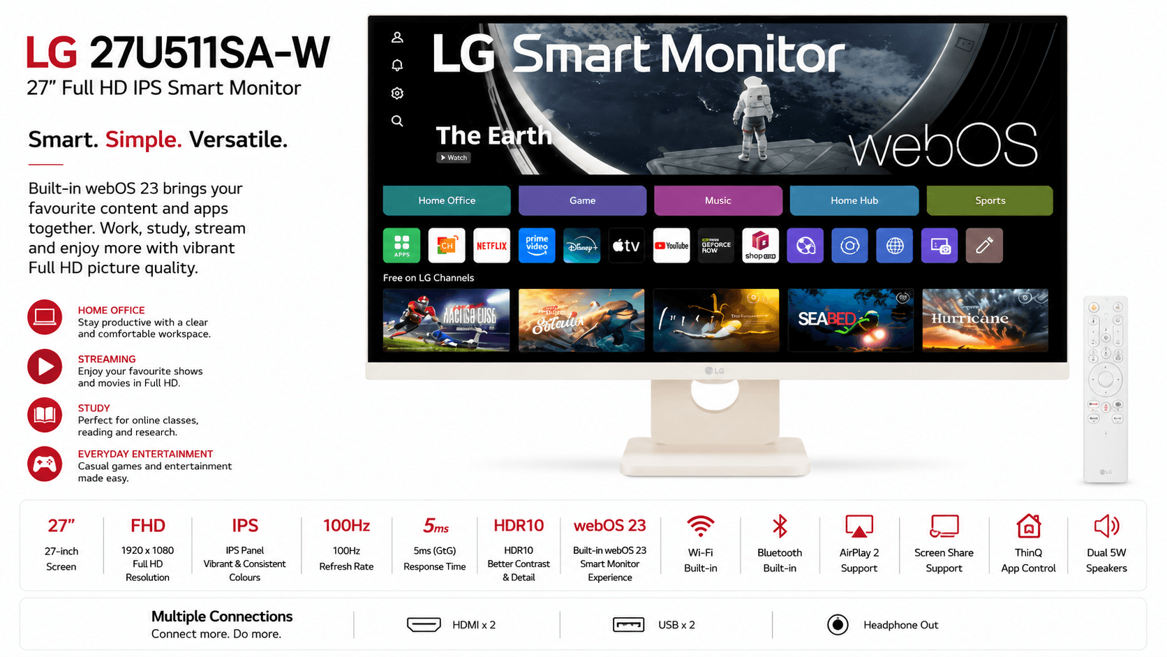 LG 27U511SA-W, LG MyView Smart Monitor, 27-Inch Full HD IPS Display, 1920x1080 Resolution, 100Hz Refresh Rate, 5ms Response Time, HDR10, webOS 23, Wi-Fi, Bluetooth, AirPlay 2, Dual HDMI, Dual USB, Dual 5W Speakers | 27U511SA-W